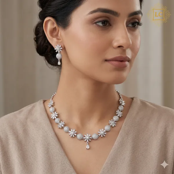 White_Brass_Silver_Plated_Beautiful_Uncut_2_Line_Necklace_Set_With_Maangtika_For_Women_And_Girls