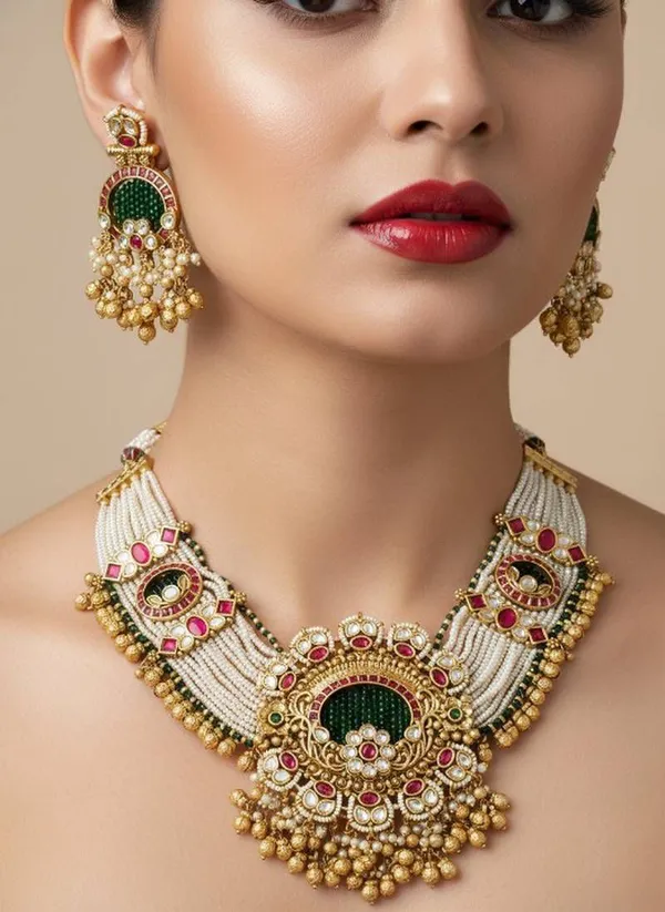 White_Brass_Silver_Plated_Beautiful_Uncut_2_Line_Necklace_Set_With_Maangtika_For_Women_And_Girls