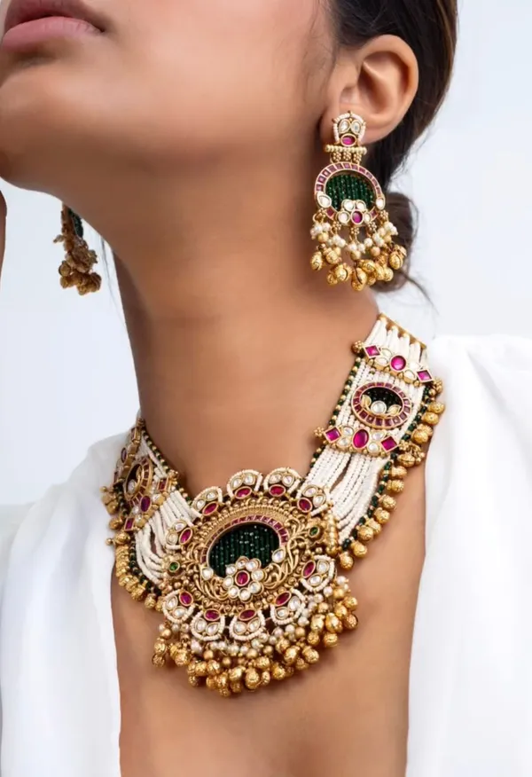 White_Brass_Silver_Plated_Beautiful_Uncut_2_Line_Necklace_Set_With_Maangtika_For_Women_And_Girls