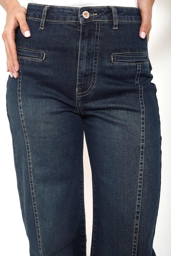 Fade_Dark_Blue_Cotton_Lycra_Hot_Stripe_Wide_Leg_Jeans_For_Women_And_Girls