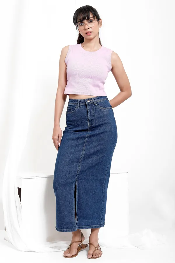 Blue_Stone_Tint_Wash_Cotton_Lycra_Long_Skirt_For_Women_And_Girls