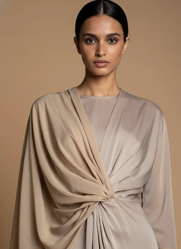Beige_Gathered_Dress_And_Georgette_Scarf__For_Women