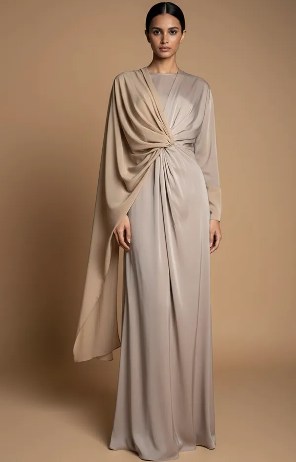 Beige_Gathered_Dress_And_Georgette_Scarf__For_Women