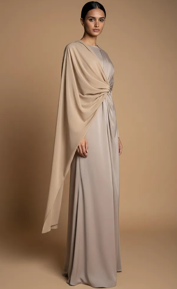 Beige_Gathered_Dress_And_Georgette_Scarf__For_Women