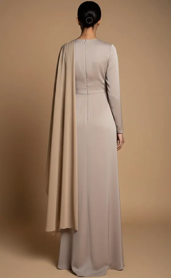 Beige_Gathered_Dress_And_Georgette_Scarf__For_Women
