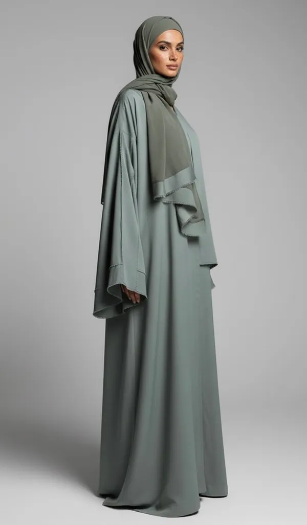 Sage_Green_Unfinished_Abaya_And_Scarf_For_Women