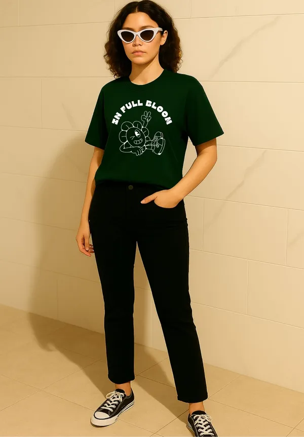 Deep_Green_Cotton_Printed_T-Shirt_For_Women