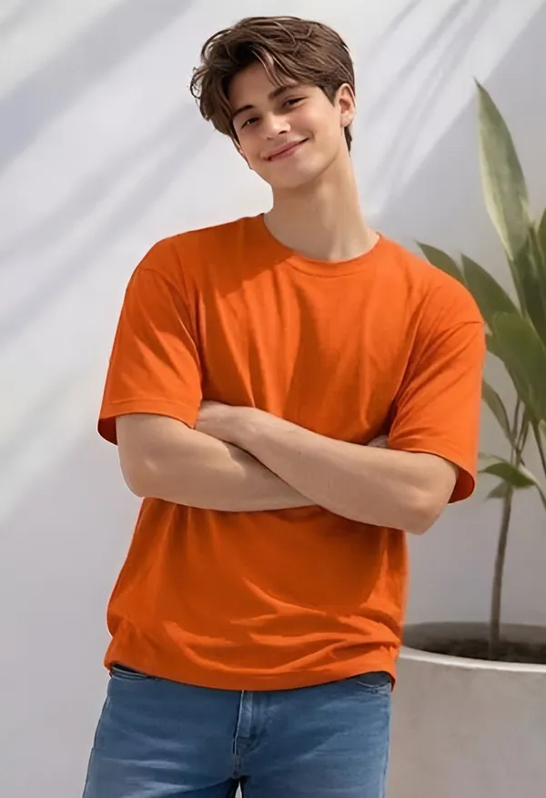 Orange_Cotton_Solid_Round_neck_T-Shirt_For_Men