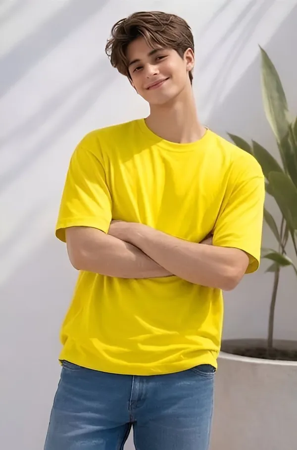 Yellow_Cotton_Solid_Round_neck_T-Shirt_For_Men