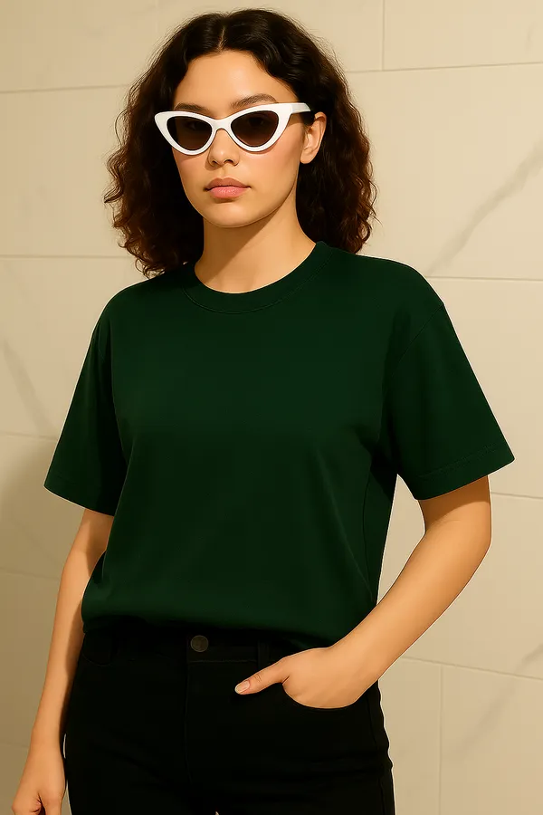 Deep_Green_Cotton_Solid_Round_neck_T-Shirt_For_Women