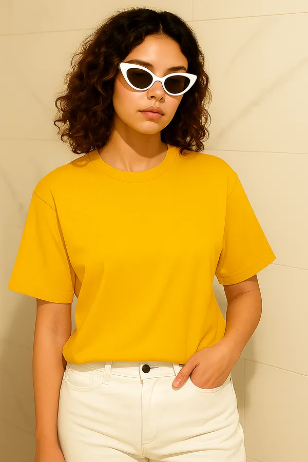 Yellow_Cotton_Solid_Round_neck_T-Shirt_For_Women