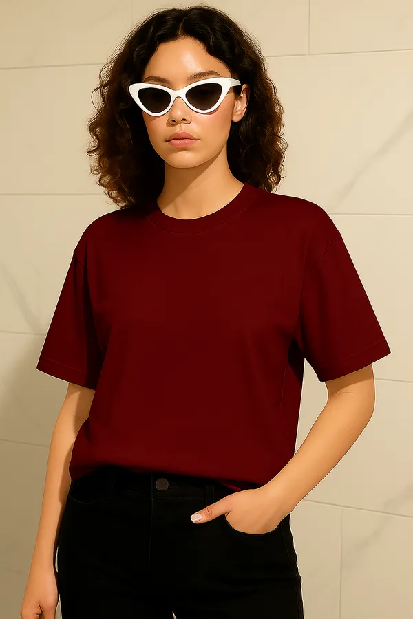 Maroon_Cotton_Solid_Round_neck_T-Shirt_For_Women