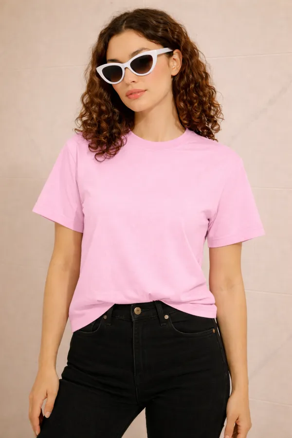Pink_Cotton_Solid_Round_neck_T-Shirt_For_Women