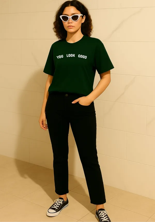 Deep_Green_Cotton_Printed_T-Shirt_For_Women