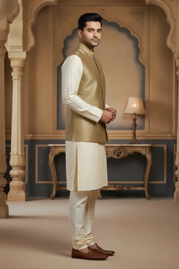 Golden_Beige_Premium_Pattern_Silk_Blend_Nehru_Jacket_Kurta_Pajama_Set_For_Men