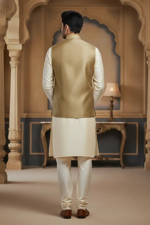 Golden_Beige_Premium_Pattern_Silk_Blend_Nehru_Jacket_Kurta_Pajama_Set_For_Men