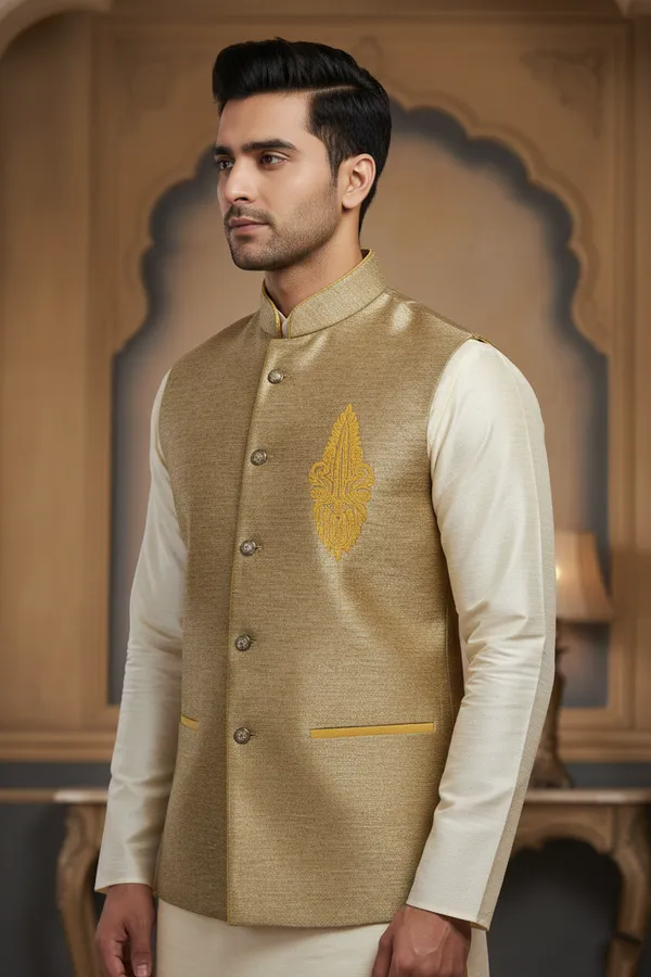 Golden_Beige_Premium_Pattern_Silk_Blend_Nehru_Jacket_Kurta_Pajama_Set_For_Men