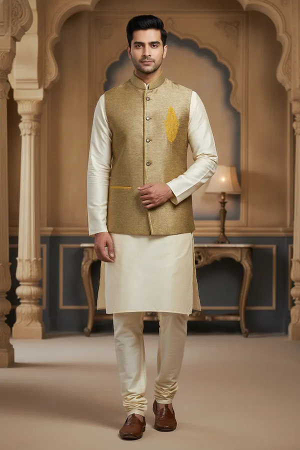 Golden_Beige_Premium_Pattern_Silk_Blend_Nehru_Jacket_Kurta_Pajama_Set_For_Men