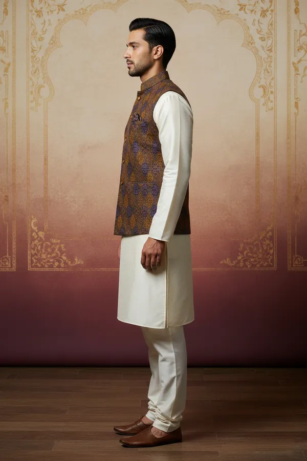 Brown_And_Purple_Premium_Pattern_Poly_Silk_Nehru_Jacket_Kurta_Pajama_Set_For_Men