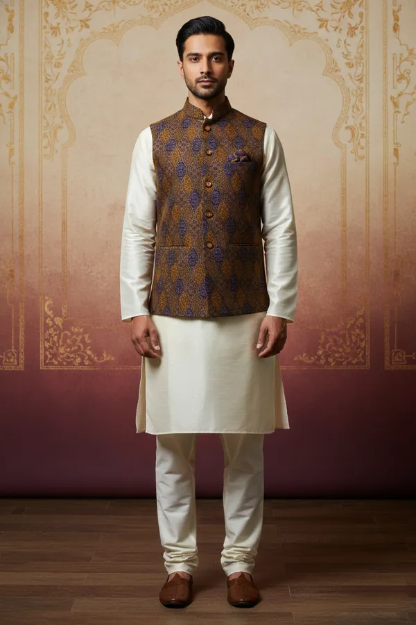 Brown_And_Purple_Premium_Pattern_Poly_Silk_Nehru_Jacket_Kurta_Pajama_Set_For_Men