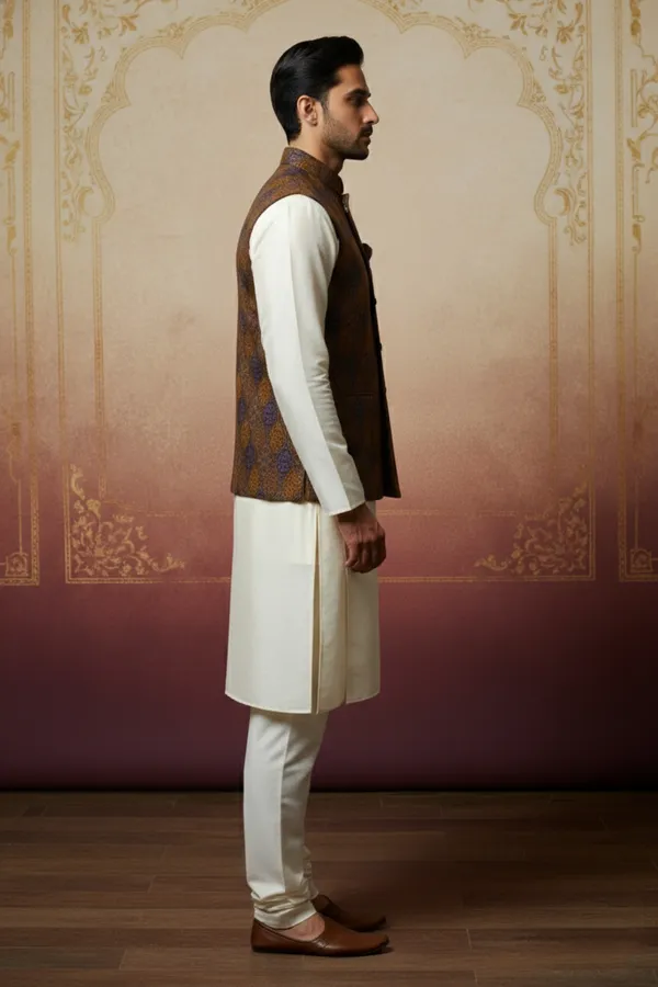 Brown_And_Purple_Premium_Pattern_Poly_Silk_Nehru_Jacket_Kurta_Pajama_Set_For_Men