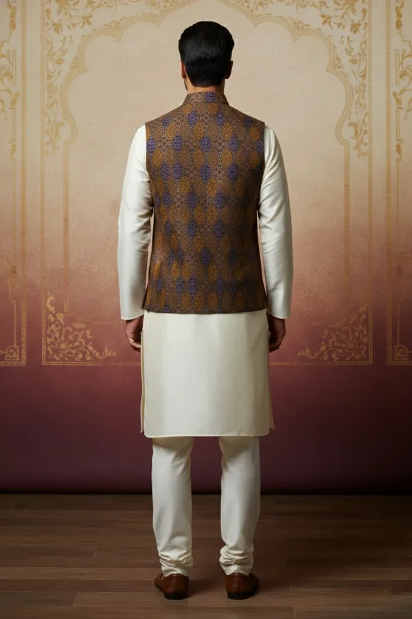 Brown_And_Purple_Premium_Pattern_Poly_Silk_Nehru_Jacket_Kurta_Pajama_Set_For_Men
