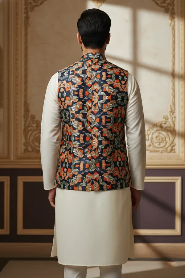 Multicolor_Premium_Pattern_Poly_Silk_Nehru_Jacket_Kurta_Pajama_Set_For_Men