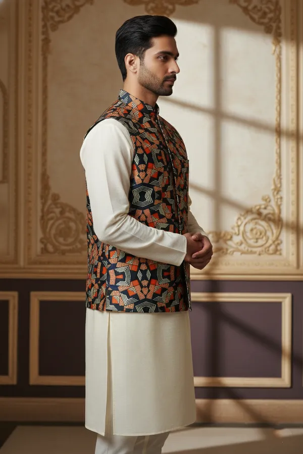 Multicolor_Premium_Pattern_Poly_Silk_Nehru_Jacket_Kurta_Pajama_Set_For_Men