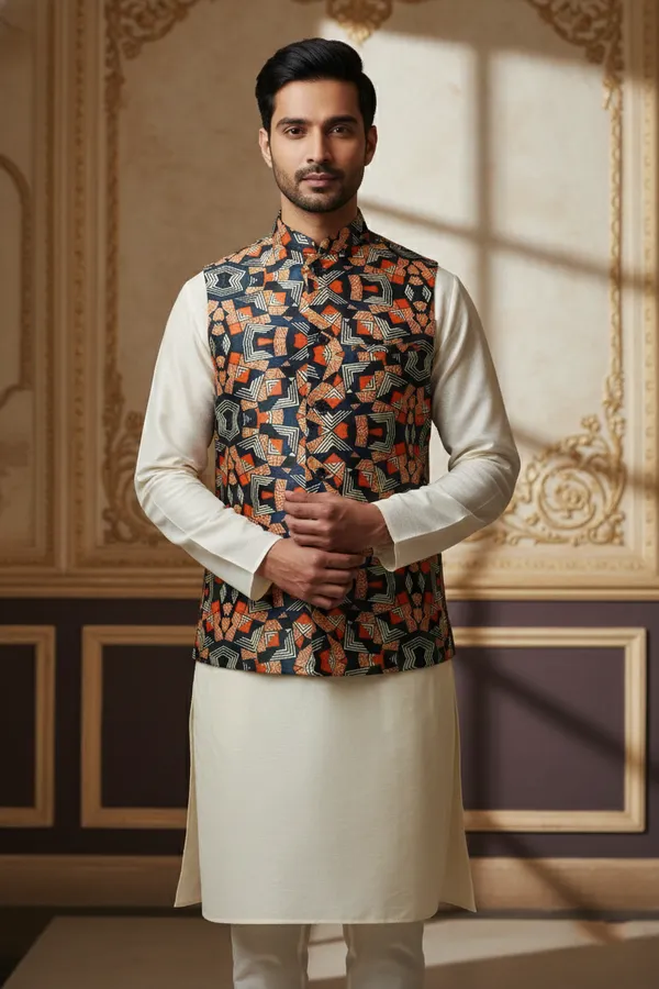 Multicolor_Premium_Pattern_Poly_Silk_Nehru_Jacket_Kurta_Pajama_Set_For_Men