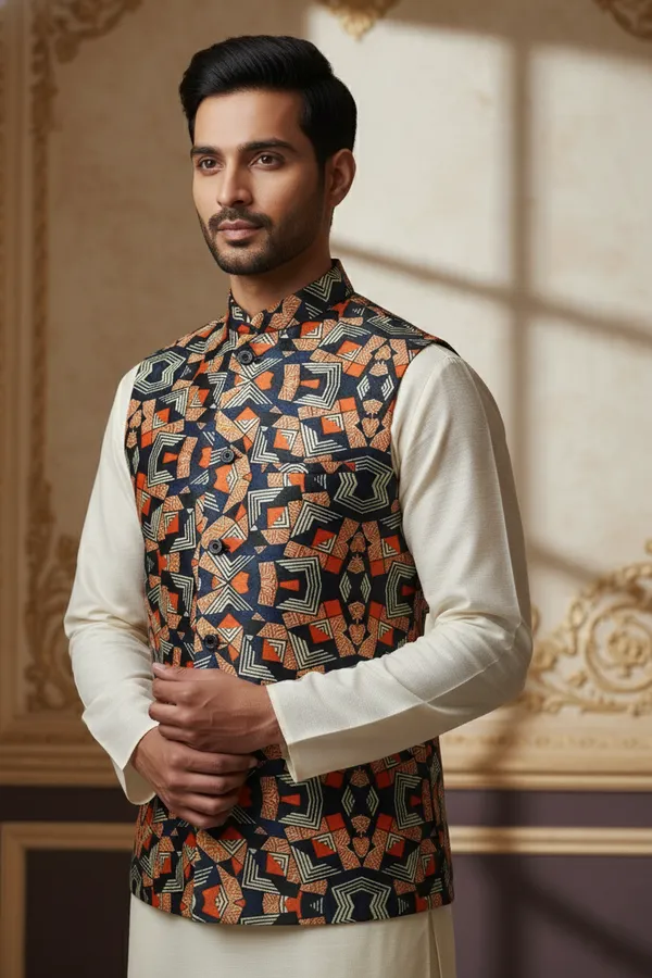 Multicolor_Premium_Pattern_Poly_Silk_Nehru_Jacket_Kurta_Pajama_Set_For_Men