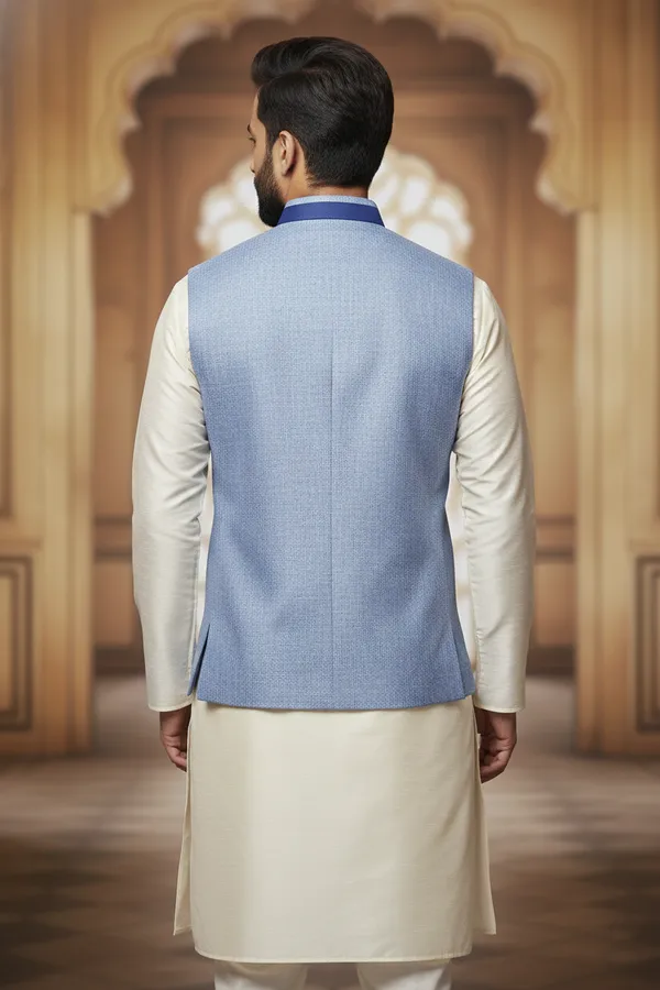 Light_Blue_Premium_Pattern_Jacquard_Silk_Nehru_Jacket_Kurta_Pajama_Set_For_Men
