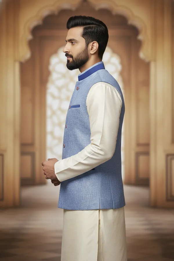 Light_Blue_Premium_Pattern_Jacquard_Silk_Nehru_Jacket_Kurta_Pajama_Set_For_Men