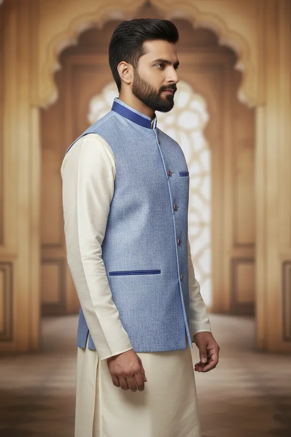 Light_Blue_Premium_Pattern_Jacquard_Silk_Nehru_Jacket_Kurta_Pajama_Set_For_Men