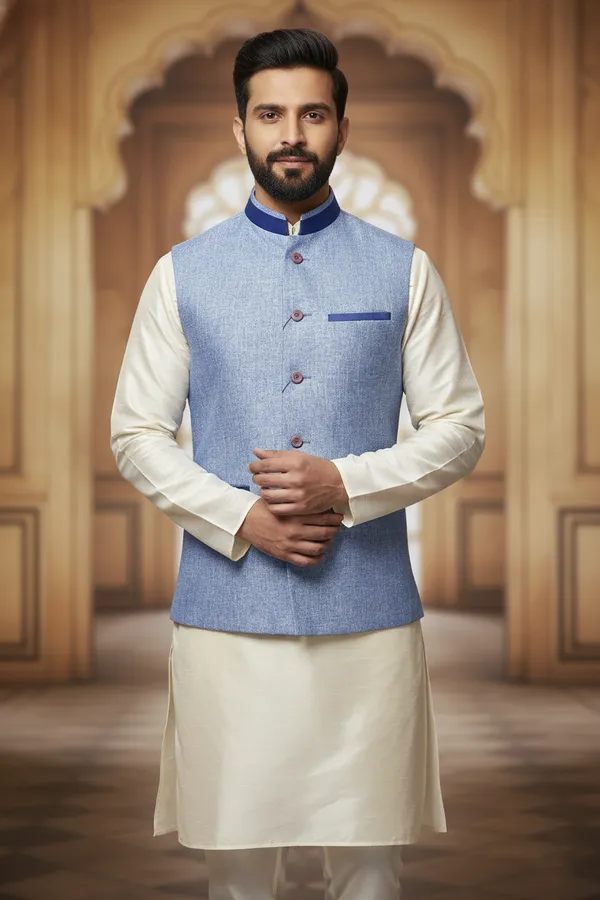 Light_Blue_Premium_Pattern_Jacquard_Silk_Nehru_Jacket_Kurta_Pajama_Set_For_Men