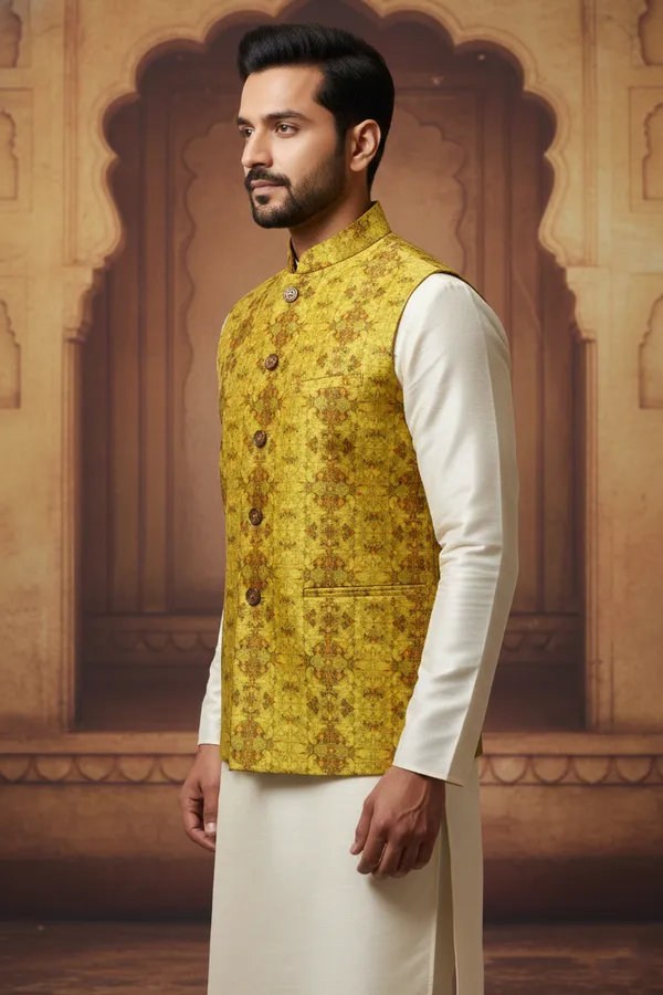Mustard_Premium_Pattern_Poly_Silk_Nehru_Jacket_Kurta_Pajama_Set_For_Men