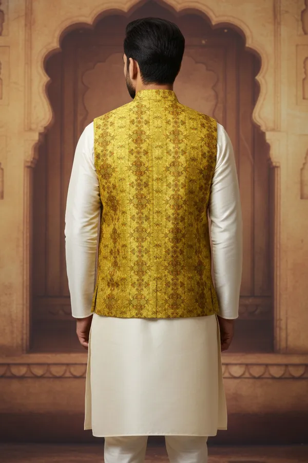 Mustard_Premium_Pattern_Poly_Silk_Nehru_Jacket_Kurta_Pajama_Set_For_Men
