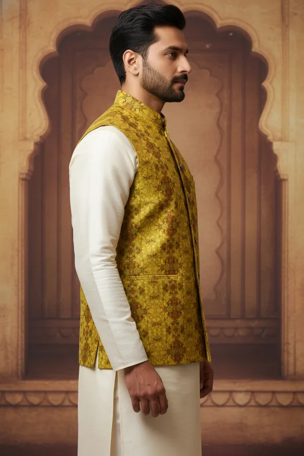 Mustard_Premium_Pattern_Poly_Silk_Nehru_Jacket_Kurta_Pajama_Set_For_Men