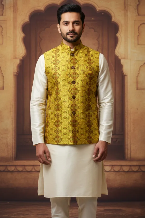 Mustard_Premium_Pattern_Poly_Silk_Nehru_Jacket_Kurta_Pajama_Set_For_Men