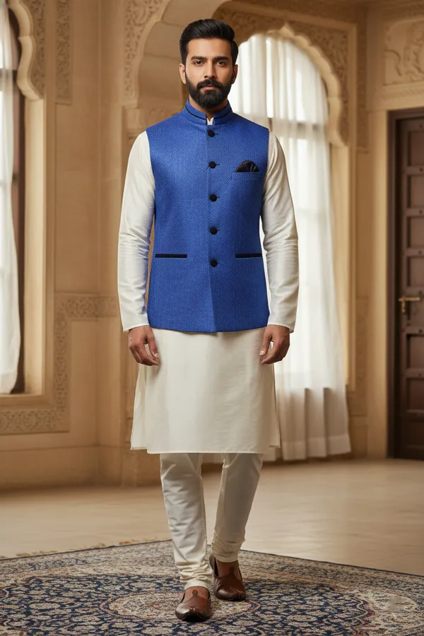 Royal_Blue_Premium_Pattern_Poly_Silk_Nehru_Jacket_Kurta_Pajama_Set_For_Men