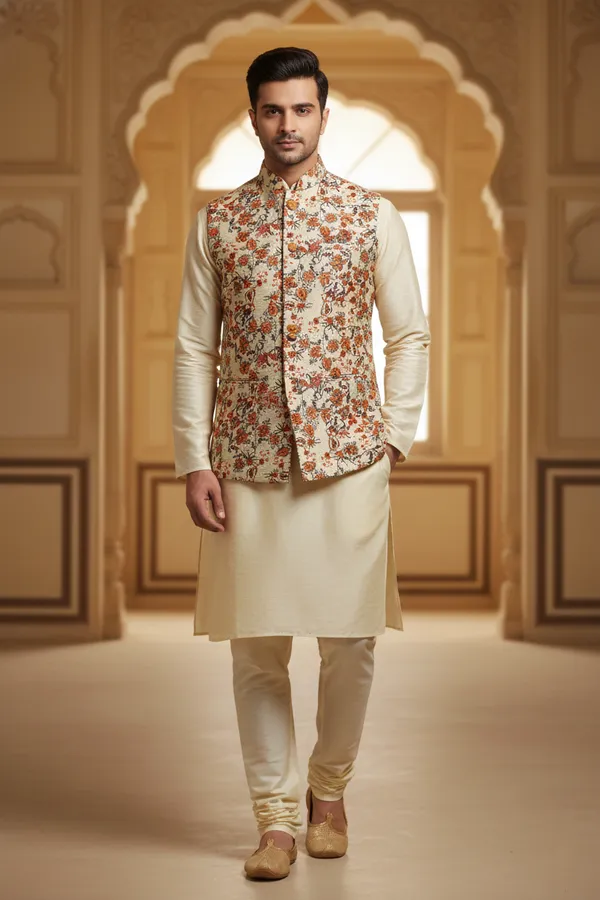 Saffron_Premium_Pattern_Silk_Blend_Nehru_Jacket_Kurta_Pajama_Set_For_Men
