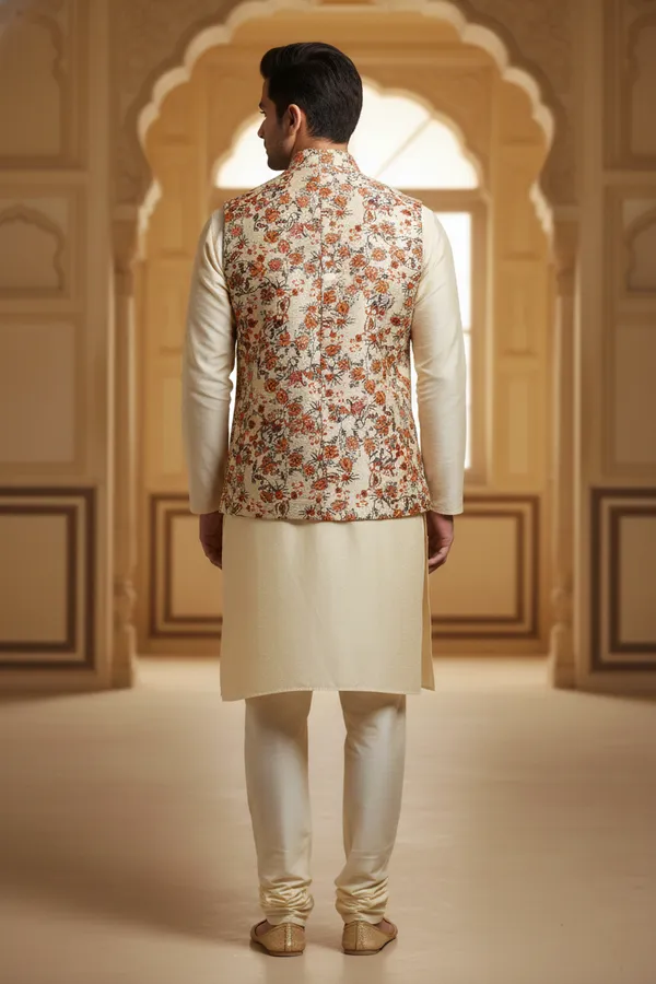 Saffron_Premium_Pattern_Silk_Blend_Nehru_Jacket_Kurta_Pajama_Set_For_Men