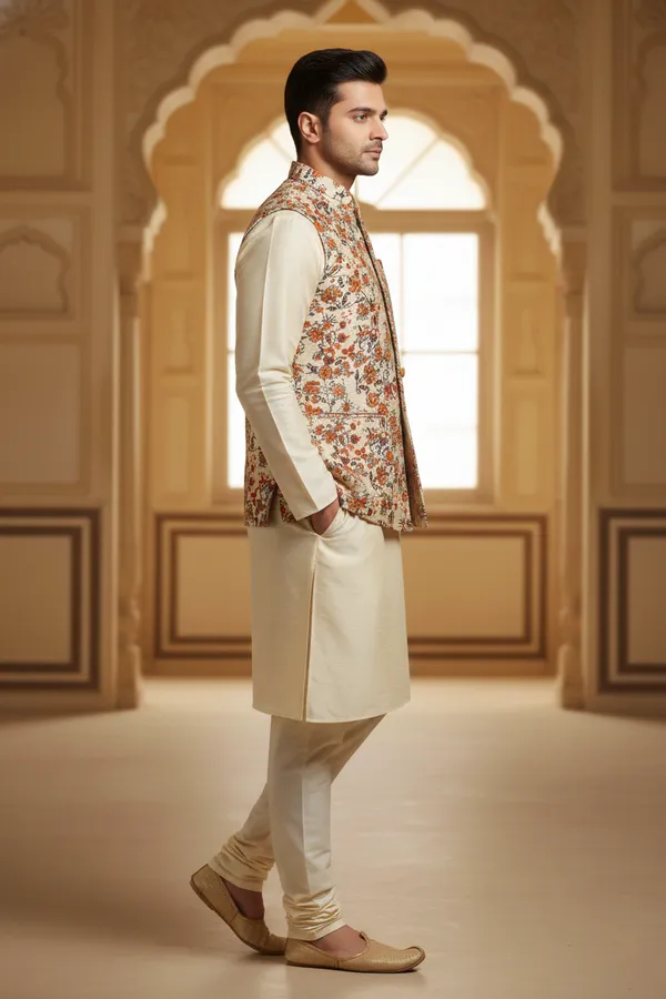 Saffron_Premium_Pattern_Silk_Blend_Nehru_Jacket_Kurta_Pajama_Set_For_Men