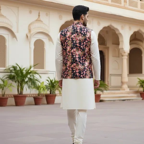 Black_Floral_Premium_Pattern_Poly_Silk_Nehru_Jacket_Kurta_Pajama_Set_For_Men