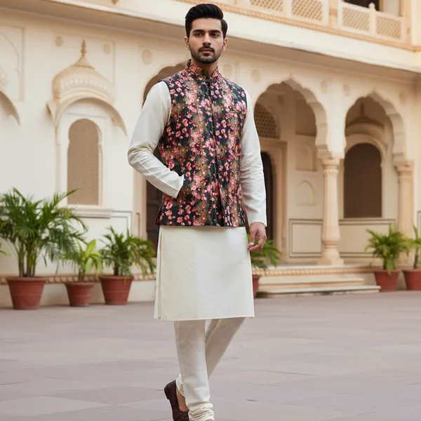 Black_Floral_Premium_Pattern_Poly_Silk_Nehru_Jacket_Kurta_Pajama_Set_For_Men