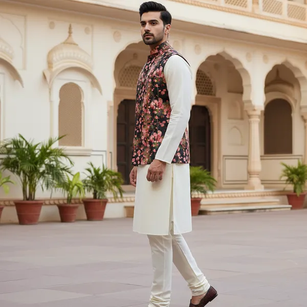 Black_Floral_Premium_Pattern_Poly_Silk_Nehru_Jacket_Kurta_Pajama_Set_For_Men