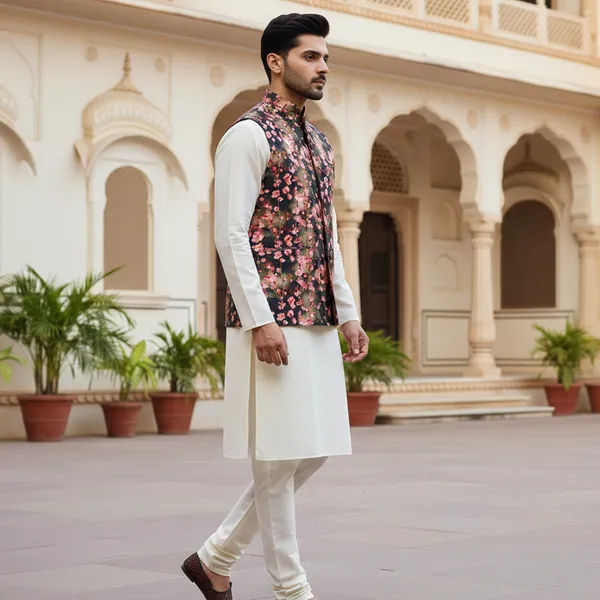 Black_Floral_Premium_Pattern_Poly_Silk_Nehru_Jacket_Kurta_Pajama_Set_For_Men