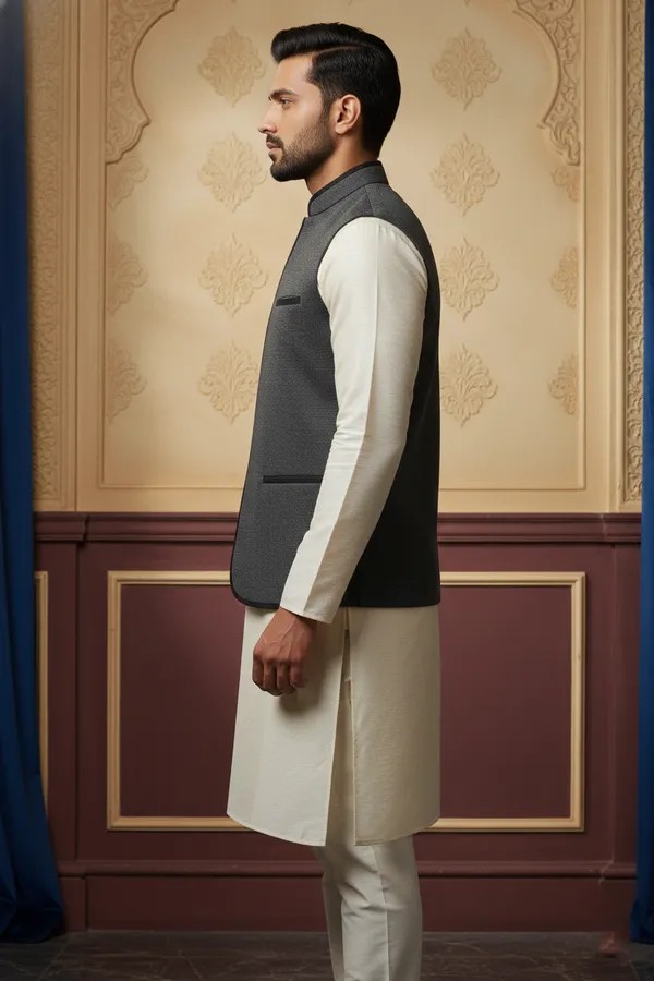 Charcoal_Grey_Premium_Pattern_Poly_Silk_Nehru_Jacket_Kurta_Pajama_Set_For_Men