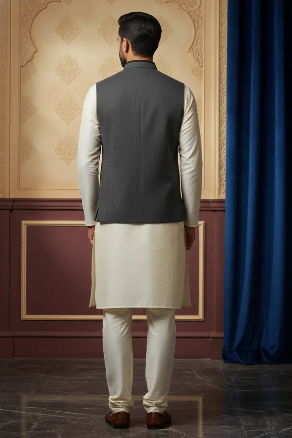 Charcoal_Grey_Premium_Pattern_Poly_Silk_Nehru_Jacket_Kurta_Pajama_Set_For_Men