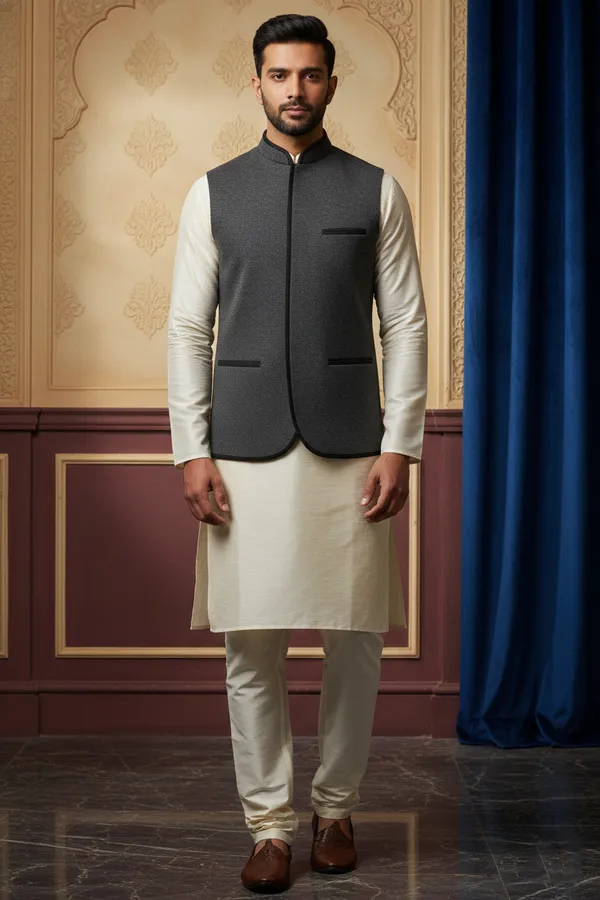 Charcoal_Grey_Premium_Pattern_Poly_Silk_Nehru_Jacket_Kurta_Pajama_Set_For_Men