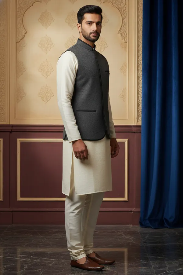 Charcoal_Grey_Premium_Pattern_Poly_Silk_Nehru_Jacket_Kurta_Pajama_Set_For_Men